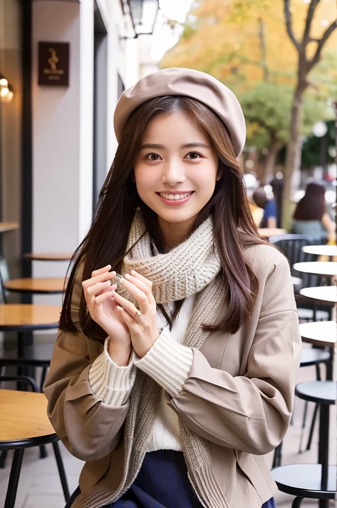 (masterpiece, best quality, perfect anatomy, highres, 8k, realistic, photorealistic, natural skin texture, no makeup:1.2), (afternoon:1.5), 1girl, solo, Japanese, age20, female university student, very cute, (large breasts:1.4), sitting at an outdoor café terrace, (She rewraps her knit scarf with both hands, smiling devilishly:1.5), her mini skirt and beret adding charm to her autumn outfit, Her long, straight hair is lightly swayed by a gentle breeze, creating a welcoming and warm scene, The café terrace is decorated with autumn leaves and cozy furniture, vertical composition, jp idol, inugao