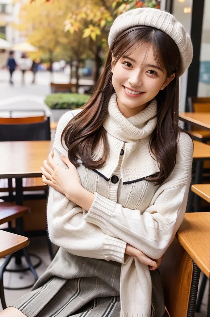 (masterpiece, best quality, perfect anatomy, highres, 8k, realistic, photorealistic, natural skin texture, no makeup:1.2), (afternoon:1.5), 1girl, solo, Japanese, age20, female university student, very cute, (large breasts:1.4), sitting at an outdoor café terrace, (She rewraps her knit scarf with both hands, smiling devilishly:1.5), her mini skirt and beret adding charm to her autumn outfit, Her long, straight hair is lightly swayed by a gentle breeze, creating a welcoming and warm scene, The café terrace is decorated with autumn leaves and cozy furniture, vertical composition, jp idol, inugao