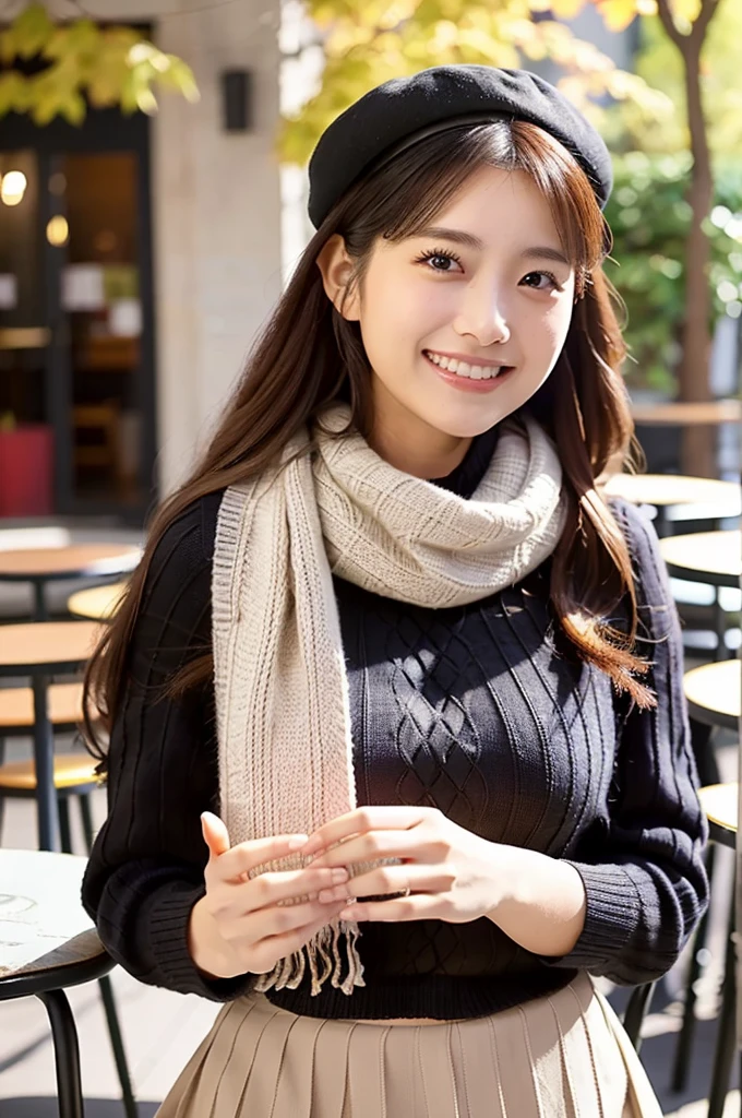 (masterpiece, best quality, perfect anatomy, highres, 8k, realistic, photorealistic, natural skin texture, no makeup:1.2), (afternoon:1.5), 1girl, solo, Japanese, age20, female university student, very cute, (large breasts:1.4), sitting at an outdoor café terrace, (She rewraps her knit scarf with both hands, smiling devilishly:1.5), her mini skirt and beret adding charm to her autumn outfit, Her long, straight hair is lightly swayed by a gentle breeze, creating a welcoming and warm scene, The café terrace is decorated with autumn leaves and cozy furniture, vertical composition, jp idol, inugao