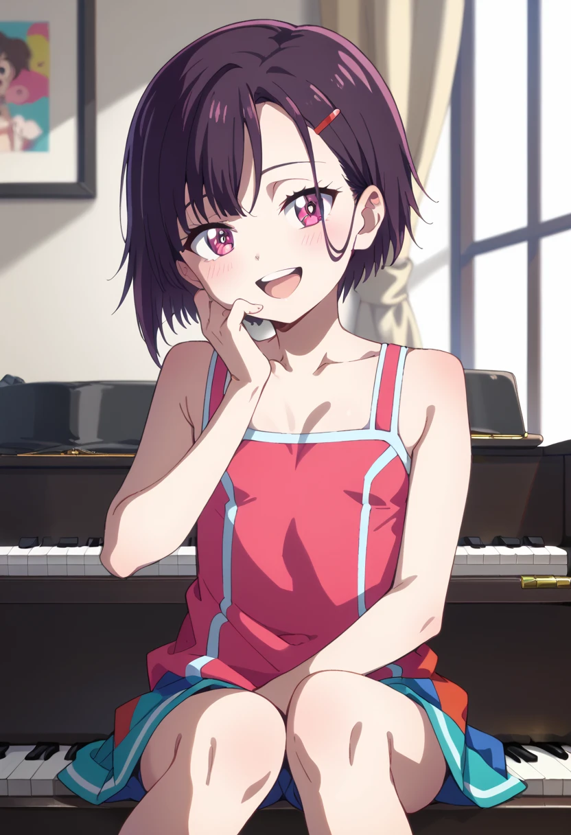 (( top quality )), ((masterpiece)), (be familiar with),  perfect face, indoor, bedroom,  Watching Viewers ,
One woman, Mikazuki Kan,
 open mouth,  ecstatic expression beside the piano, blush, smile,
 small ,  flat chest, Young girl, Lori,  kids,  girl,
Short Hair,  Shorthair,
Leg spread,