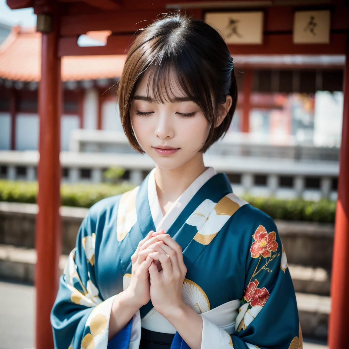 (((Close your eyes and put your hands together in front of your face:1.5))),((白地に綺麗なカラフルな柄のkimono:1.5)),(8k、 RAW photos graphy、 top quality 、​masterpiece:1.2)、( realistic、 photorealistic with ivy entwined:1.37)、 ULTRA - HIGH DEFINITION、 One girl 、 cute little 、solo、date、(Nose redness)、( Shorthair:1.2)、(((kimono、)))、  Perfect Body 、Perfect means、 Professional Lighting、 Japanese Goddesses 、gravure、 detailed face and skin textures、 detailed eyes、 RAW photos , New Year's ink painting ,shrine,Visit to a shrine,厳島shrine,Birds in the ocean , close your eyes, are putting their hands together in front of their faces,Hands together in prayer,I'm stabbing a hairpin