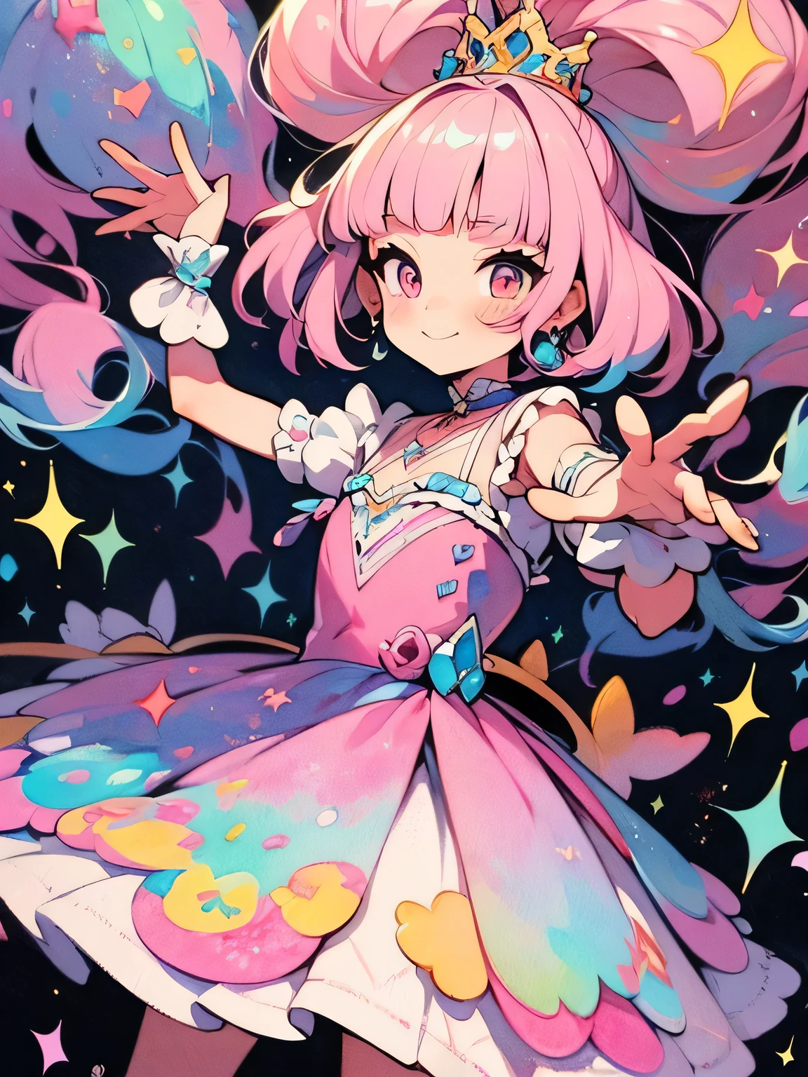 an white skin (12 year old girl pink straight cut bangs pink eyes pink glitter pink glitter platform boots heels Barbieish' outfit real life girls extra eyelash, kawaiitech, pastel colors, kawaii, cute colors, glitter, more_detail:1