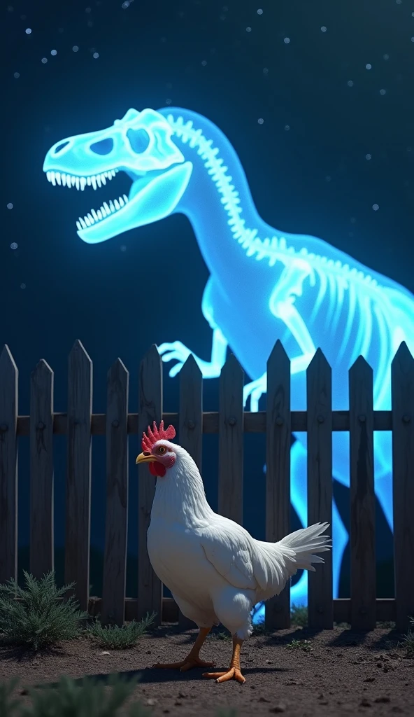 Chicken stands on grass at night in front of a ghost Tyrex