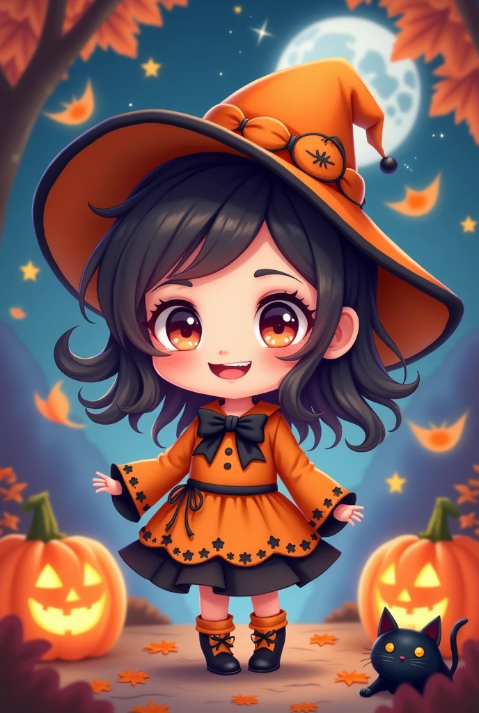 Cute Halloween Theme、full body Esbian、A smile、 The Wand and the Magic Book、Glamorous Hat、Halloween Accessories、Draw clothes buttons and pockets in a Halloween style、Cute shoes、sit a chair、bio luminescent、radiant light