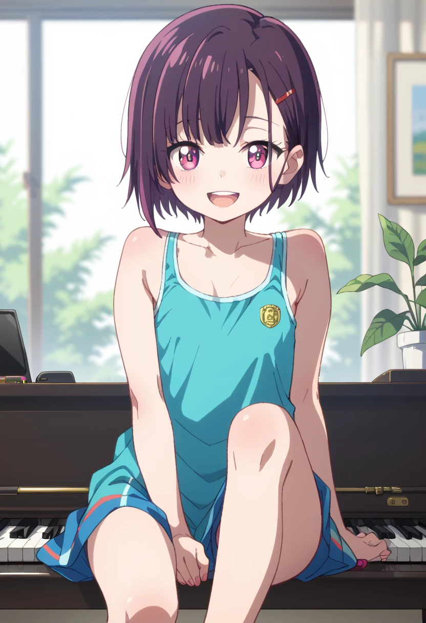 (( top quality )), ((masterpiece)), (be familiar with),  perfect face, indoor, bedroom,  Watching Viewers ,
One woman, Mikazuki Kan,
 open mouth,  ecstatic expression beside the piano, blush, smile,
 small ,  flat chest, Young girl, Lori,  kids,  girl,
Short Hair,  Shorthair,
Leg spread,