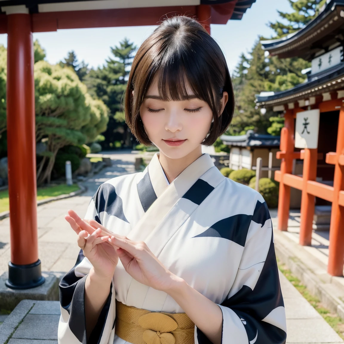 (Wore a kimono with a beautiful pattern on a white background、 close-up portrait of a woman with short hair with blunt bangs pointing at a Japanese shrine :1.5)、( a woman praying with her eyes closed and palms together at a Japanese shrine:1.5)、(Japanese shrine under the winter sky:1.5)、( perfect anatomy:1.3)、(No mask:1.3)、(Full Finger:1.3)、 photorealistic with ivy entwined、photograph、 Masterpiece、 top quality 、 High Definition 、Delicate and cute、A woman with a perfect face 、 beautiful detailed eyes、 white skin、Real human skin、pores、((Thin legs))、( black hair)Itsukushima Shrine,Visit to a shrine, put their hands together in front of their faces and clasped hands,I'm stabbing a hairpin