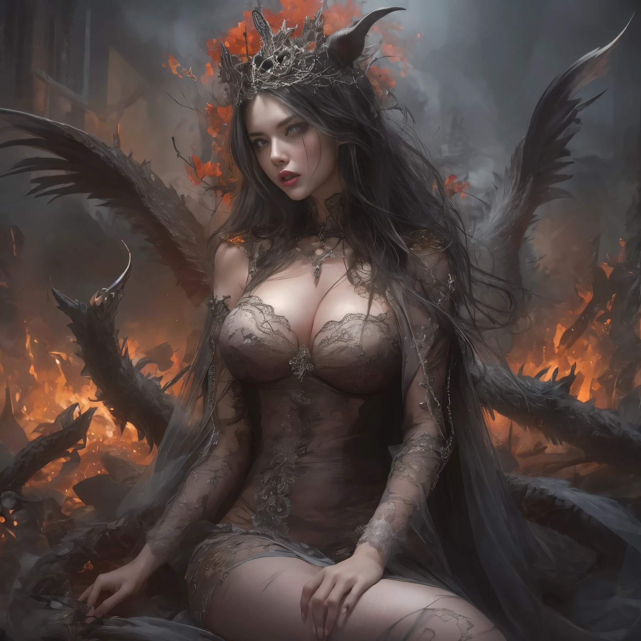 lorafreyajkt48, (((8k RAW photo, hyper realistic, masterpiece, best quality, crisp detail, high definition, high detail, very rich detail, sharp focus, sharp detail, colorful, rich color, cinematic, perfect studio lightning, full body photograph, mystic atmosphere, shot from below))), ((fully naked, young colorful giant death devil, fully nude, smooth body, ideal body, naughty smile)), big breast, (destroying a city), (showing (pussy, vagina, genital, nipples))), ((black long hair)), killing people, ((death devil wings, tail)), ((very long sharp blade claws)), (hundreds of ( skull, bone) on the land), ((death devil)),