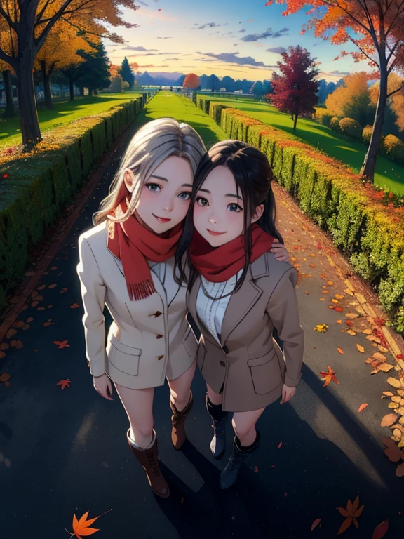 masterpiece， top quality，  high image quality，(  super flat ，  flat shading )，  fisheye lens，Beautiful young mother and adorable daughter，  warm scarf  ， (naked)，  long hair，  boots, smile, smile， White Breath，fun, play， White Breath，Autumn park garden，  fallen leaves ，Autumn sky，dusk， Beautiful Sunsets ，Wide angle，    bright color，watercolor,  Ghibli style，Strong winds， Girl Temptation，