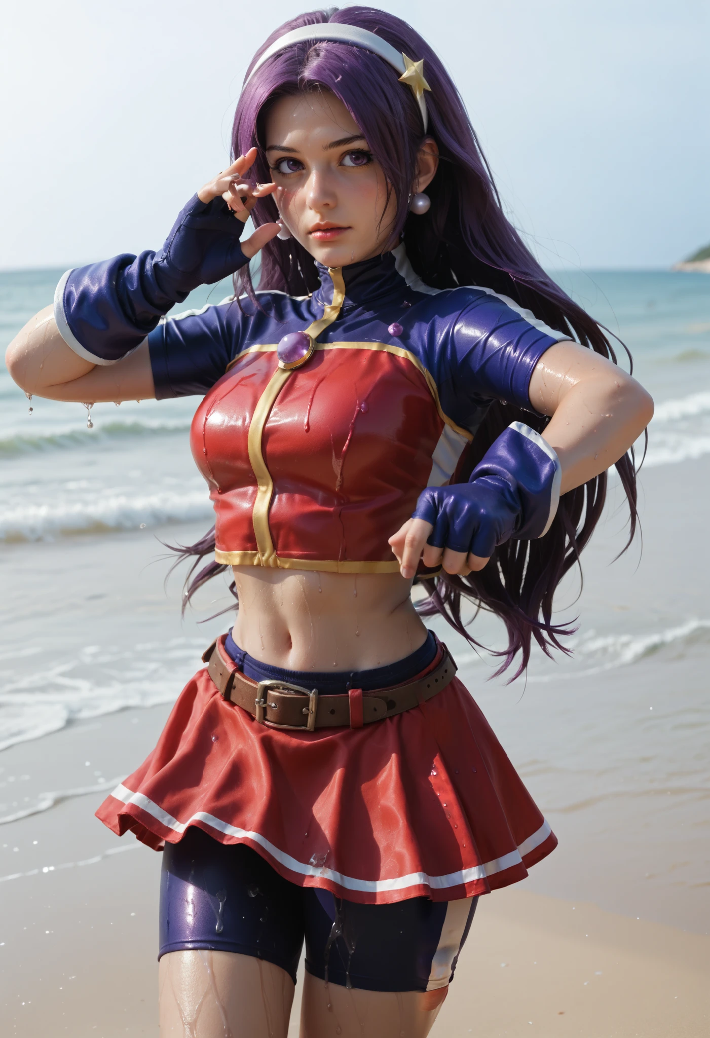 ATHKOF2002, purple hair, long hair, purple eyes, white hairband, blue sleeves, pearl (gemstone), short sleeves, red top, belt, fingerless gloves, navel, red skirt, biker shorts,  blush, solo,wet clothes, standing on beach, seductive pose, light breeze, beach setting,shiny skin, realistic, cowboy shot, midriff,most beautiful girl, beautiful detailed face,thick thighs,defeated,shiny clothes,relaxed arms,hands down