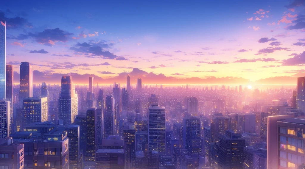 Futuristic City, sunrise effects, mixed with nature, violet hue sky, ultra-high quality, ultra detailed, 4k