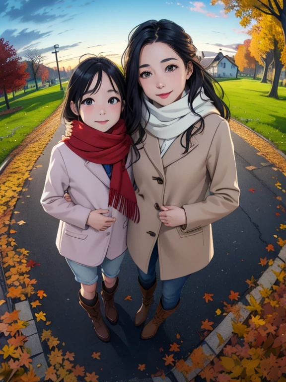 masterpiece， top quality，  high image quality，(  super flat ，  flat shading )，  fisheye lens，Beautiful young mother and adorable daughter，  warm scarf  ， (naked)，  long hair，  boots, smile, smile， White Breath，fun, play， White Breath，Autumn park garden，  fallen leaves ，Autumn sky，dusk， Beautiful Sunsets ，Wide angle，    bright color，watercolor,  Ghibli style，Strong winds， Girl Temptation，