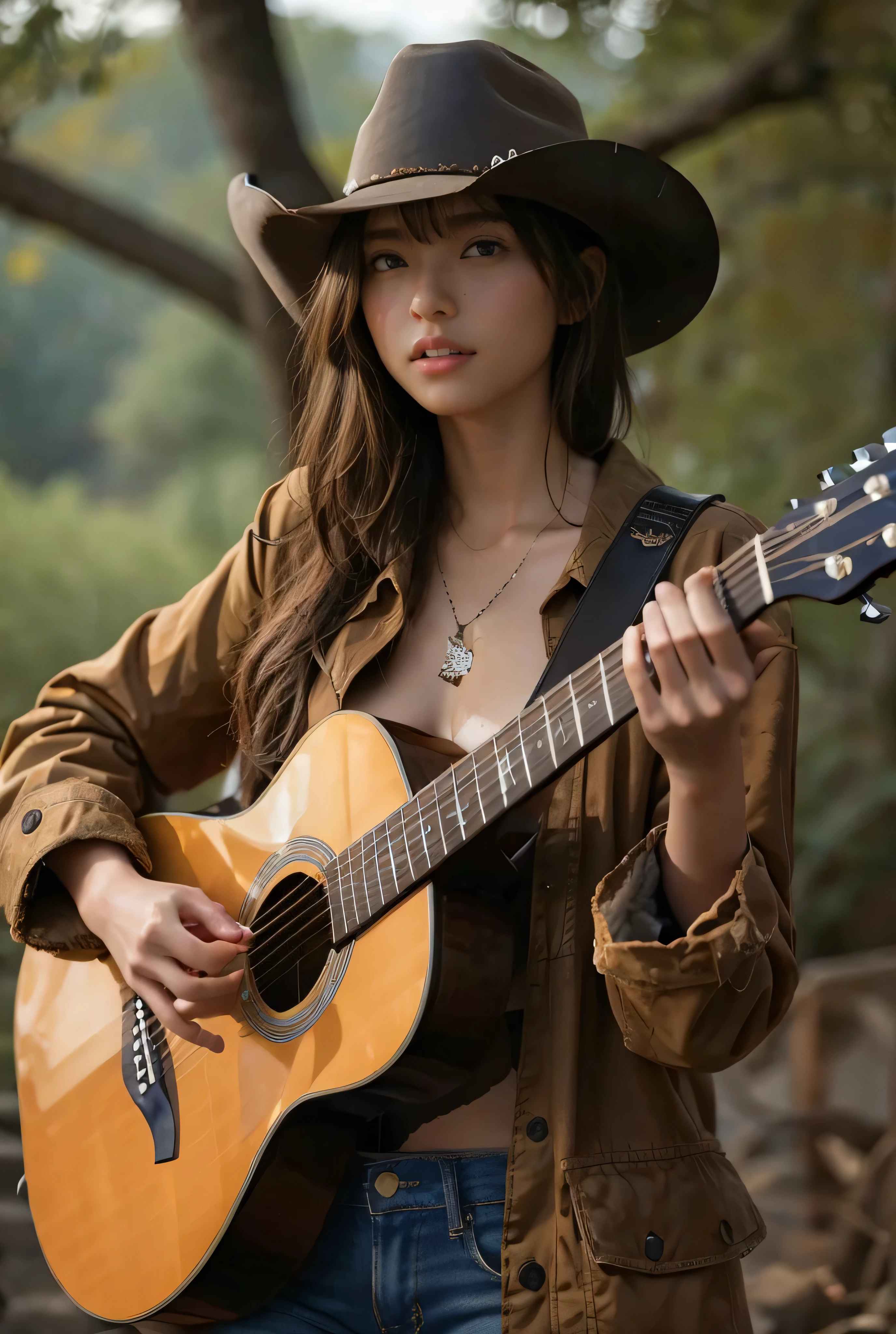 (  Masterpiece ,  top quality :1.2), 8k,  young and beautiful girl  , 85mm, Official AR RAW Photos 、Big Breasts、(((  Please show me only one breast))),  tanned skin, Show me your ears、 photoshoot,  cute face,  she's an Instagram model . ((( She has a dirty coat  , Guitar and cowboy hat  )))  play guitar in provocative poses. Turning.(  Kate Beckinsale:0.6)  perfect body構造 . American Flag,  low rise denim  , perfect hair.  Perfect Breasts .  perfect body . perfect hand.  perfect face.  perfect eyes.  thin pubic hair  .  anatomically accurate .  cut Sony A9 II and 85mm f  /1.8 GM lens.