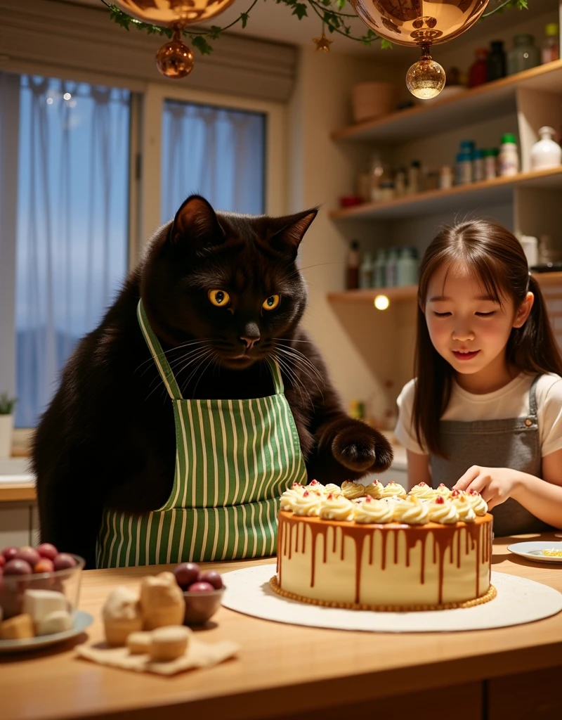 ultra-realistic, photorealistic, dramatic scene, shadow, global-illumination, (the human-like very large black chubby cat with vertical striped green apron is making a gorgeously decorated Christmas cake and decorating a cake with whipped cream using pastry bag at the home kitchen in the stylish Japanese apartment room), (A beautiful with cute Japanese 20 years old girl is looking at the cake), (20 years old girl with shoulder-length brown ponytail hair is showing big smile), the girl looks so happy, a many kind of cooking tools are in the kitchen, gorgeously decorated with Christmas decorations in the room