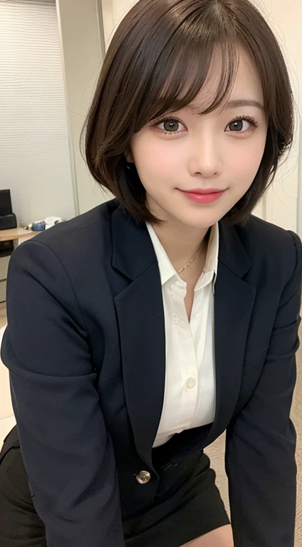 Beautiful Girl, (Pleated Skirt Lifting), ((Show panties)), looking in camera, Angle from below, Shy smile, a blond, ((of the highest quality, 16 K, masutepiece: 1.3)), Light on Face, hyperdetailed face, very detailed lips, Detailed eyes、Colossal tits、爆乳、Wearing a suit、Formalco Steume、At work、s Office、working in an office、A dark-haired、short-hair、Short black hair