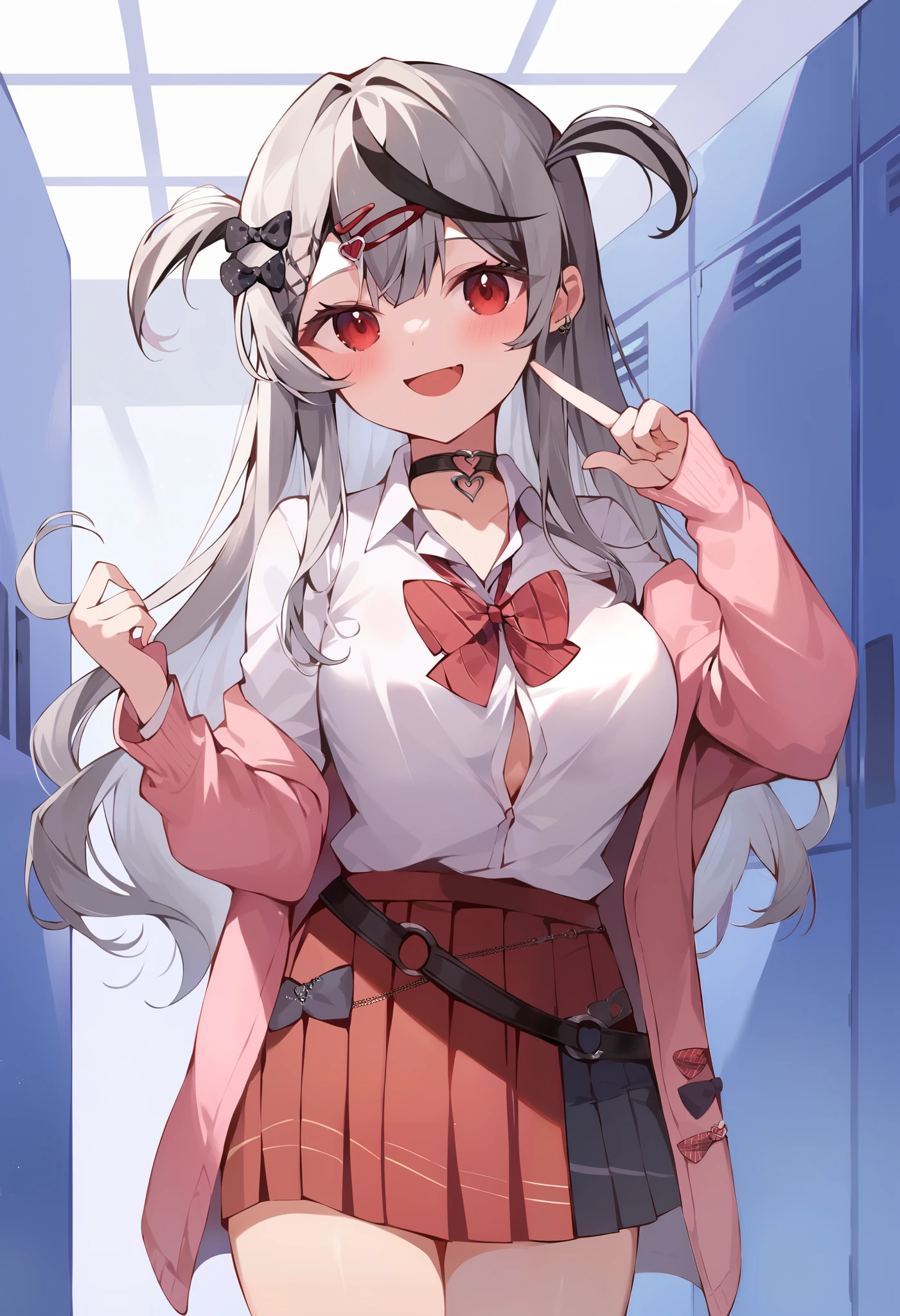 score_9, score_8_ up, score_7_ up, nsfw,  Source_Anime, 
masterpiece, top quality , High Definition , Official Art , official style,Expressiveh,uncensored
BREAK
ccchloe ,  long hair,  striped hair,  gray hair, two side  up,  hair clip, hair bow,  hair accessories,  red eyes, chest,  school uniform,  black choker,  Red Bow Tie ,  collared shirt ,  white shirt,   tuck in shirt,  off-shoulder,  pink cardigan ,  Long Sleeve , belt,  pleated skirt,   red skirt , smile,happy smile, Embarrassing ,Keep quiet,  fingers in the mouth,  raise your index finger, in, bend your back, clavicle, clevis on a stone,indoor, Locker room , viewers,Big Breasts