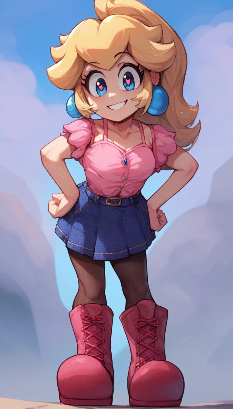 source_anime, anime, absurdres, solo, 1girl, full body, lora:PringleDingle_v2-15:1, Pringus Mcdingus Style, #pringus mcdingus, pringus mcdingus, pringusmcdingus
prngs, princess peach, blond hair, long, denim skirt, pantyhose, pink camisole, short sexy boots,
solo, complete body view, looking at viewer, hanging hair, stand up, standing, from front, Open eyes, shaped pupils, front view, (hands on hips), smile