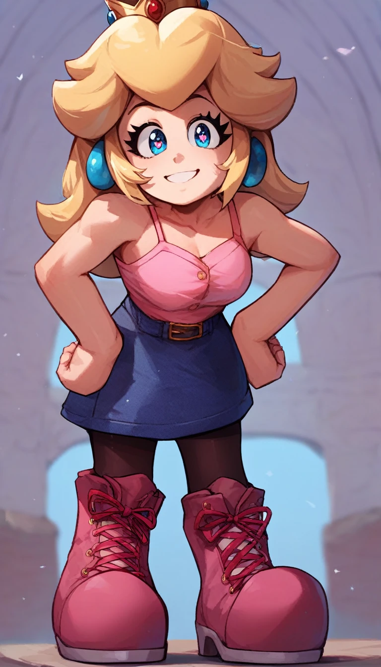 source_anime, anime, absurdres, solo, 1girl, full body, lora:PringleDingle_v2-15:1, Pringus Mcdingus Style, #pringus mcdingus, pringus mcdingus, pringusmcdingus
prngs, princess peach, blond hair, long, denim skirt, pantyhose, pink camisole, short sexy boots,
solo, complete body view, looking at viewer, hanging hair, stand up, standing, from front, Open eyes, shaped pupils, front view, (hands on hips), smile