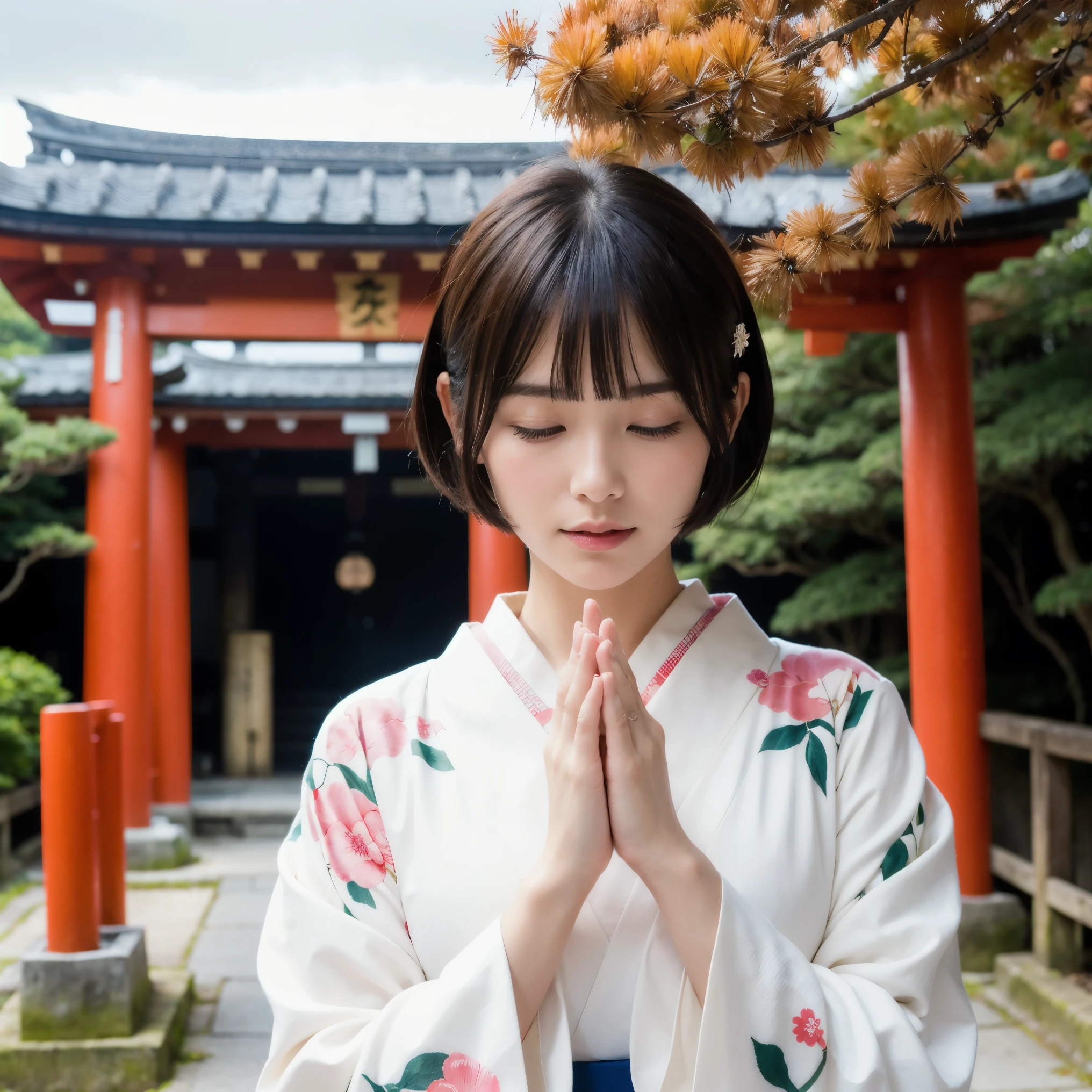 (Wore a kimono with a beautiful pattern on a white background、 close-up portrait of a woman with short hair with blunt bangs pointing at a Japanese shrine :1.5)、(A woman prays with her eyes closed and palms together in front of her face at a Japanese shrine:1.5)、( a Japanese shrine with a winter sky :1.5)、( perfect anatomy:1.3)、(No mask:1.3)、(Full Finger:1.3)、 photorealistic with ivy entwined、photograph、 Masterpiece、 top quality 、 High Definition 、Delicate and cute、A woman with a perfect face 、 beautiful detailed eyes、 white skin、Real human skin、pores、((Thin legs))、( black hair)Itsukushima Shrine,Visit to a shrine, put their hands together in front of their faces and clasped hands,I'm stabbing a hairpin,Itsukushima Shrine,Torii in the sea 