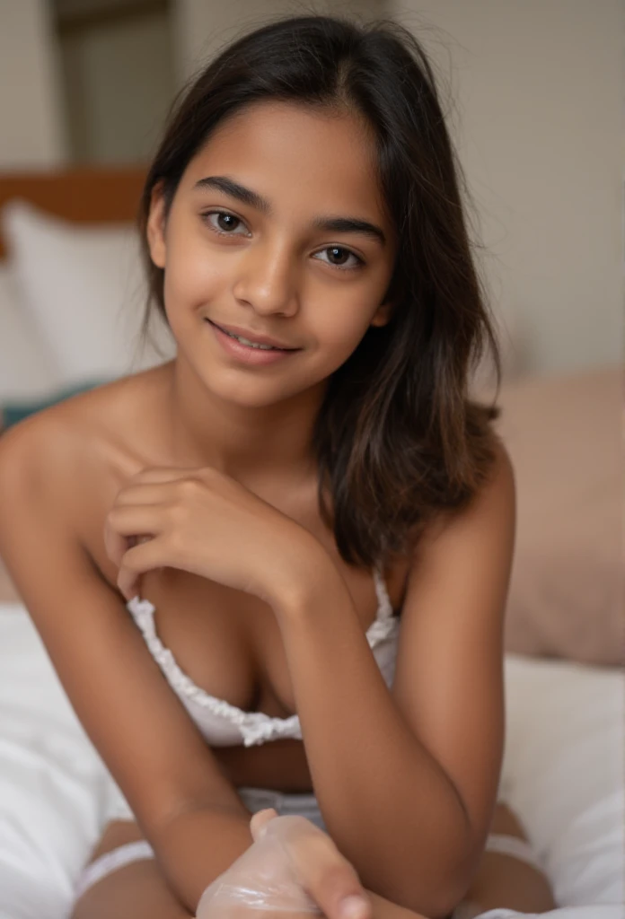 Cowboy shot of a a beautiful slim lightskin young t**en ********** Muslim indian girl with extremely detailed large expressive eyes in lingerie and stockings kneeling in bed, garters, stockings, small chest, gorgeous symmetrical face, loving gaze, sharp focus, High Resolution, Looking at viewer, Masterpiece, Anatomically Correct, Best Quality, Super Detailed, UHD, Retina, Cowboy Shot, Award Winning, Best Quality, Detail, High Details, Super Detailed, Hair Behind Ear, Indian teen Hair, Medium Hair, dark Hair, full body focus, **-****-********, chest in focus