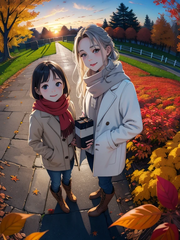 masterpiece， top quality，  high image quality，(  super flat ，  flat shading )，  fisheye lens，Beautiful young mother and adorable daughter，  warm scarf  ， (naked)，  long hair，  boots, smile, smile， White Breath，fun, play， White Breath，Autumn park garden，  fallen leaves ，Autumn sky，dusk， Beautiful Sunsets ，Wide angle，    bright color，watercolor,  Ghibli style，Strong winds， Girl Temptation，