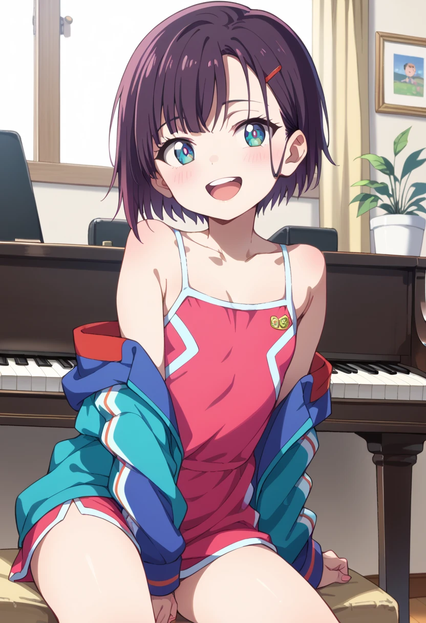 (( top quality )), ((masterpiece)), (be familiar with),  perfect face, indoor, bedroom,  Watching Viewers ,
One woman, Mikazuki Kan,
 open mouth,  ecstatic expression beside the piano, blush, smile,
 small ,  flat chest, Young girl, Lori,  kids,  girl,
Short Hair,  Shorthair,
Leg spread,