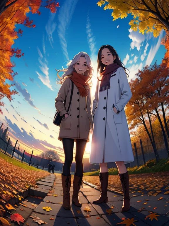 masterpiece， top quality，  high image quality，(  super flat ，  flat shading )，  fisheye lens，Beautiful young mother and adorable daughter，  warm scarf  ， (naked)，  long hair，  boots, smile, smile， White Breath，fun, play， White Breath，Autumn park garden，  fallen leaves ，Autumn sky，dusk， Beautiful Sunsets ，Wide angle，    bright color，watercolor,  Ghibli style，Strong winds， Girl Temptation，