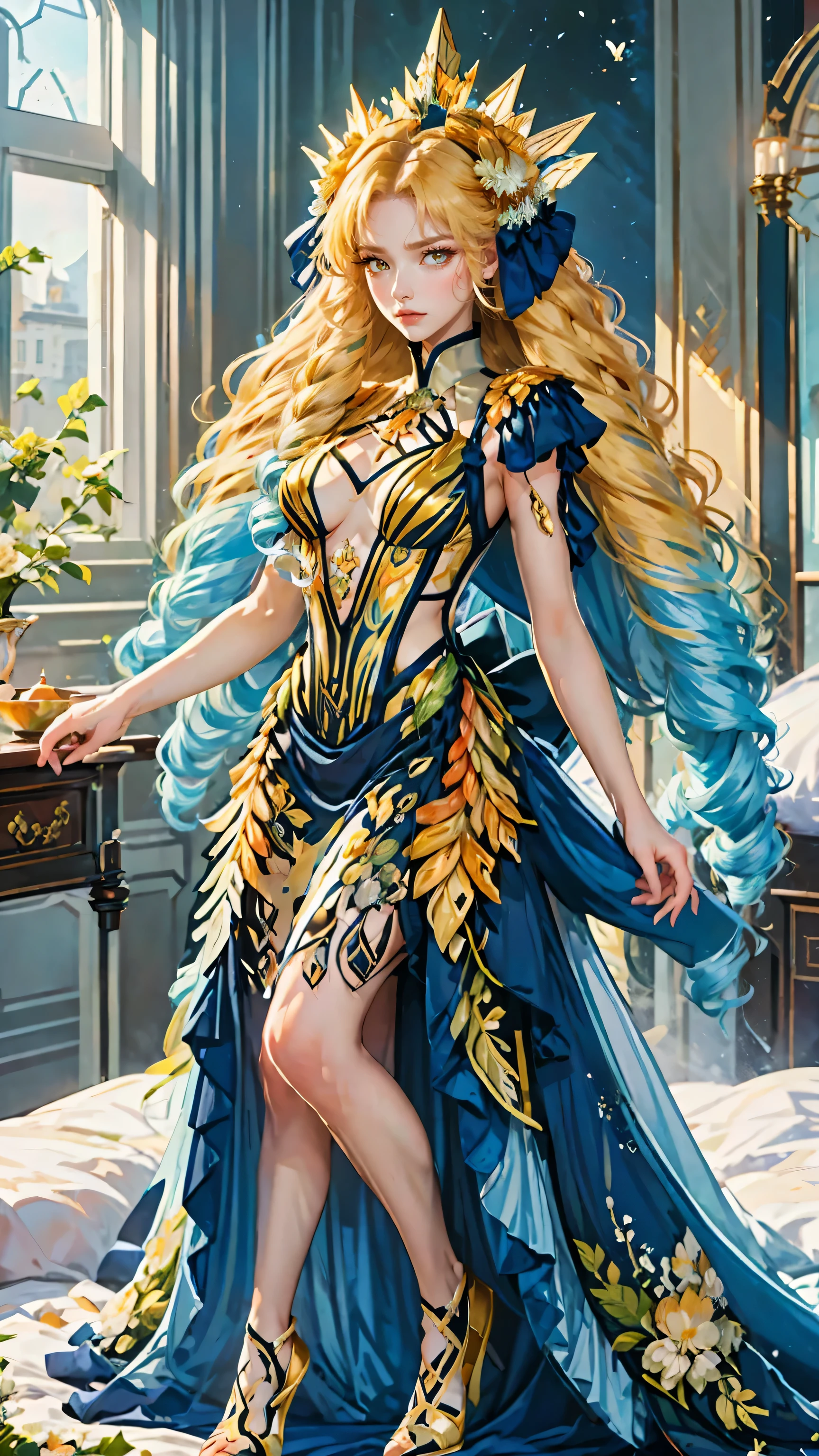 Best quality, masterpiece, ultra high res, raw photo, beautiful and aesthetic, deep shadow, fairy theme,(ultra detailed:1.3),
1girl, dynamic pose, flower headdress, drill hair, long hair, blonde hair, gradient hair, yellow eyes, solo, huge breasts, big hair, blue hair, divine goddess, looking at viewer, indoors, queen bedroom, empress bed, room full of curtain, astraea, full body, white dress, sexy victorian dress, transparant dress