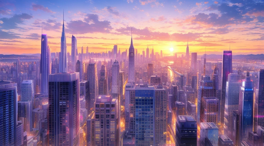 Futuristic City, sunrise effects, vie side perspective, mixed with nature, violet hue sky, ultra-high quality, ultra detailed, 4k