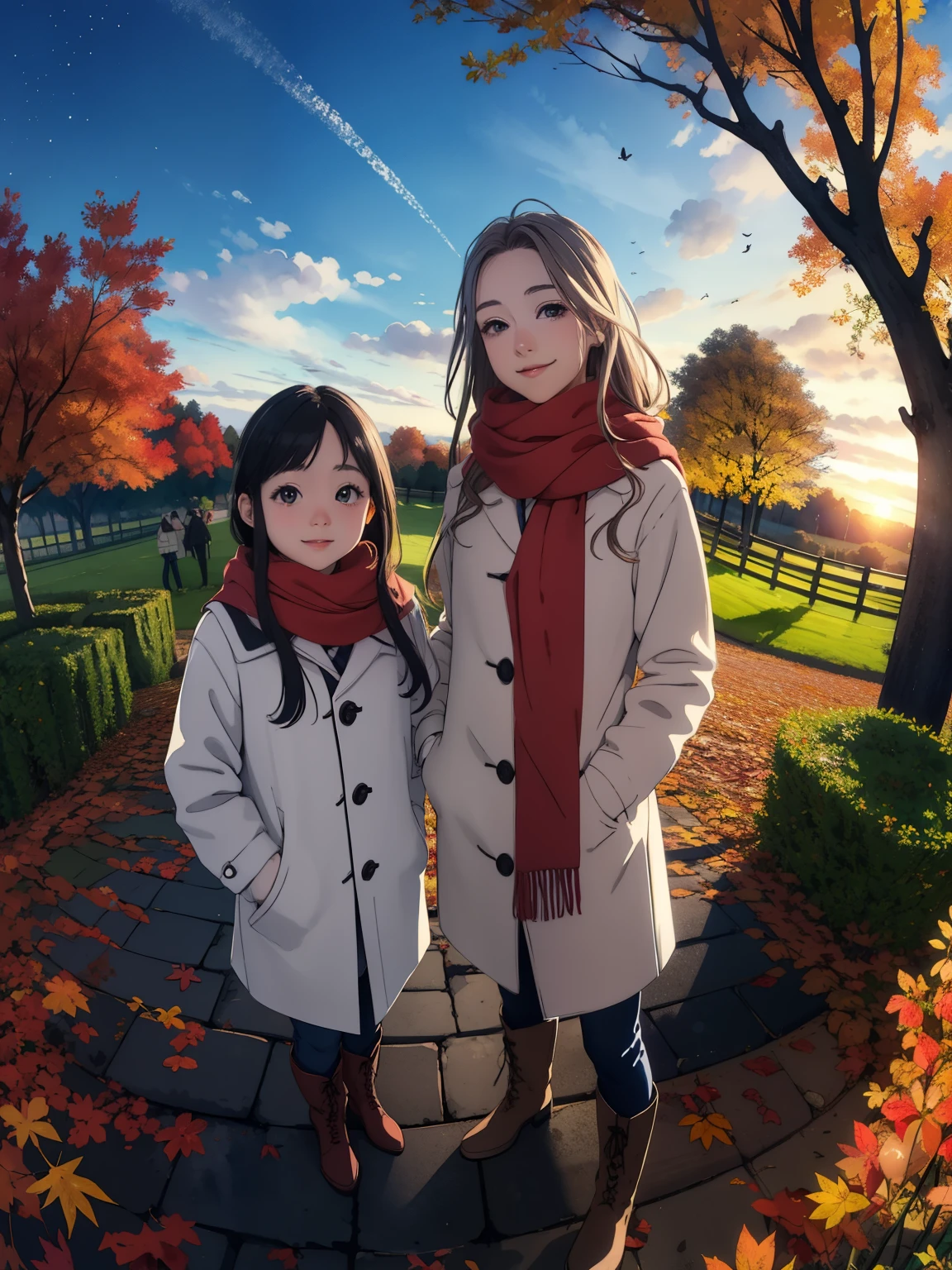 masterpiece， top quality，  high image quality，(  super flat ，  flat shading )，  fisheye lens，Beautiful young mother and adorable daughter，  warm scarf  ， (naked)，  long hair，  boots, smile, smile， White Breath，fun, play， White Breath，Autumn park garden，  fallen leaves ，Autumn sky，dusk， Beautiful Sunsets ，Wide angle，    bright color，watercolor,  Ghibli style，Strong winds， Girl Temptation，