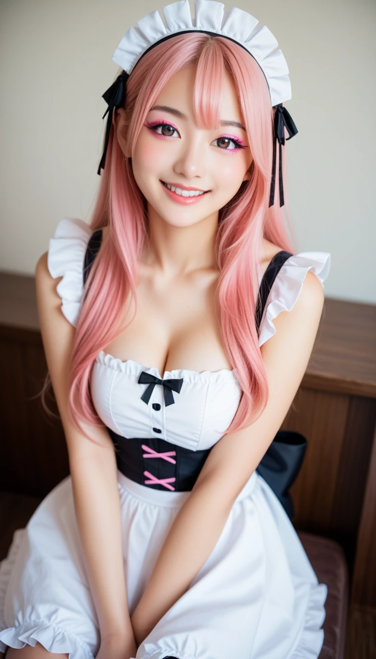 pink hair,long hair,wave hair,curly hair,large breasts,sexy pose,cosplay,maid uniform,panties,smiling,seductive smile, beautiful woman, masterpiece, extremely fine and beautiful, garter belt,(((lift up skirt))),((from below)),spread legs,maid apron