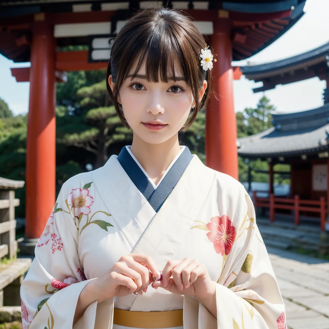 (Wore a kimono with a beautiful pattern on a white background、 close-up portrait of a woman with short hair with blunt bangs pointing at a Japanese shrine :1.5)、(A woman holding a tamaya at a Japanese shrine :1.5)、( a Japanese shrine with a winter sky :1.5)、(smile),( perfect anatomy:1.3)、(No mask:1.3)、(Full Finger:1.3)、 photorealistic with ivy entwined、photograph、 Masterpiece、 top quality 、 High Definition 、Delicate and cute、A woman with a perfect face 、 beautiful detailed eyes、 white skin、Real human skin、pores、((Thin legs))、( black hair)Itsukushima Shrine,Visit to a shrine,I'm stabbing a hairpin,Itsukushima Shrine,Torii in the sea , puts together her brown hair and puts on a hairpin