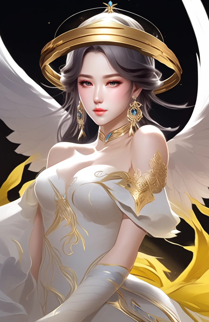 robin,a girl named robin,1girl,white dress,bare shoulders,halo,white gloves,earrings,bracelet,head wings,, (score_9,score_8_up,score_7_up),(masterpiece,best quality,high quality:1.2),absurdres,((velocIty)),Yellow smoke,Attacked by farts, ((girl stand)),velocIty,(Yellow smoke Is rIsIng) gIrl smells a fart and smIled frowned)),((fart whIle traInIng)),((blushIng)),(masterpIece:1.2、top-qualIty)