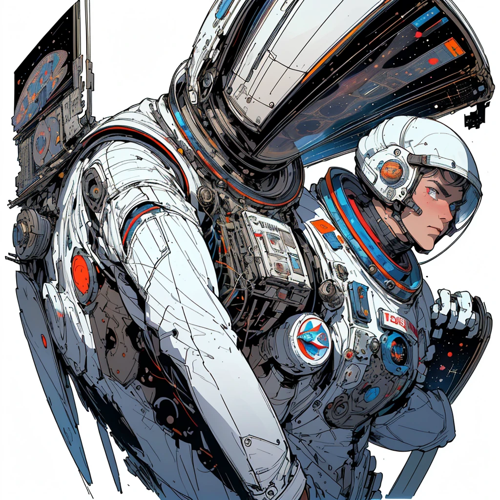 there is a man in a space suit with a red and white background, inspired by Victor Mosquera, laurie greasley and james jean, inspired by Chris Moore, cosmonaut, by sparth, in style of laurie greasley, nicolas bouvier sparth, jean-sebastien rossbach, by Victor Mosquera, bastien grivet