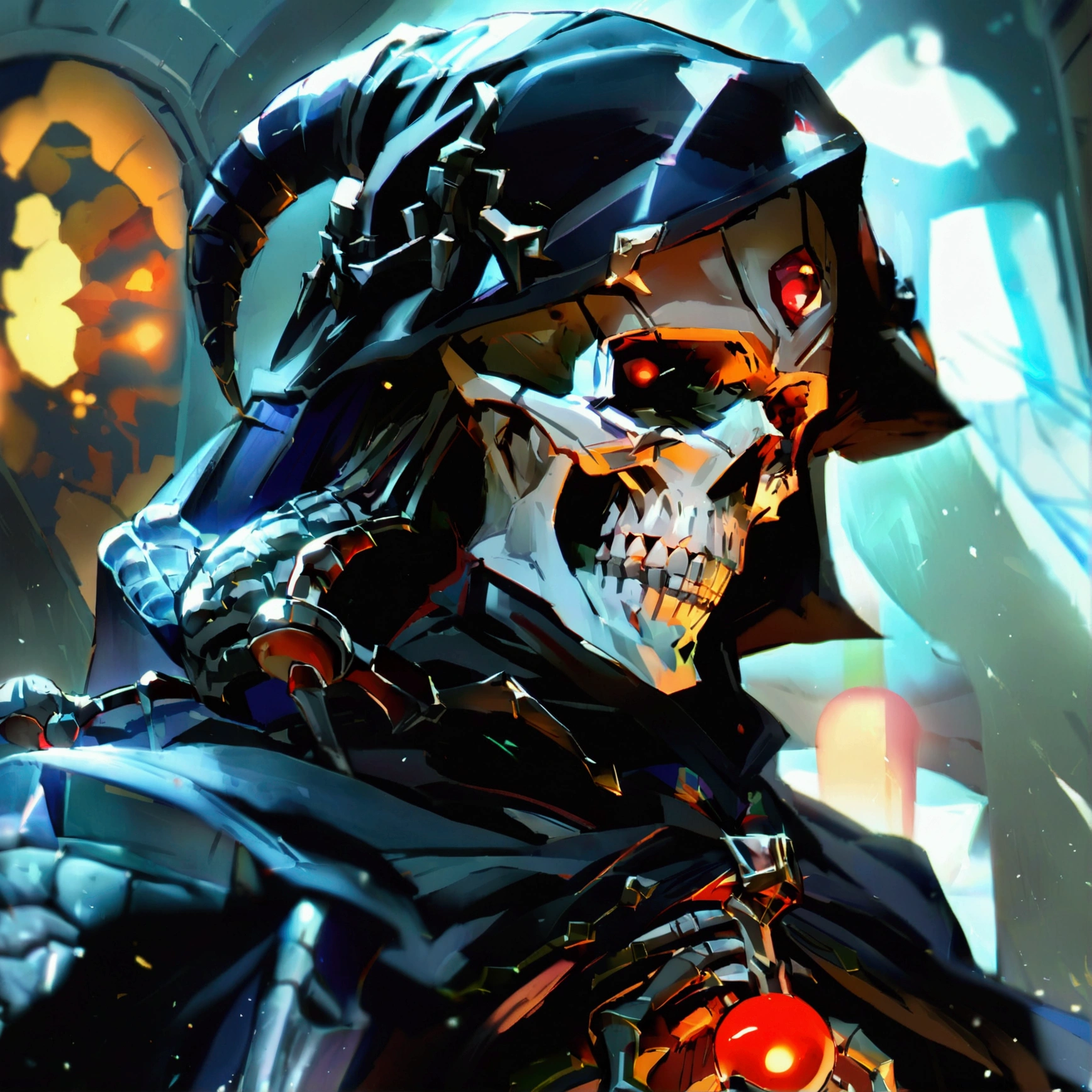 score_9, score_8_up, score_7_up, score_6_up, source_anime, best quality, masterpiece, colorful, very aesthetic, anime, BREAK  ainz ooal gown, skeleton, lich, dark robe, red dot eyes, overlord, so-bin style, teeth, hood