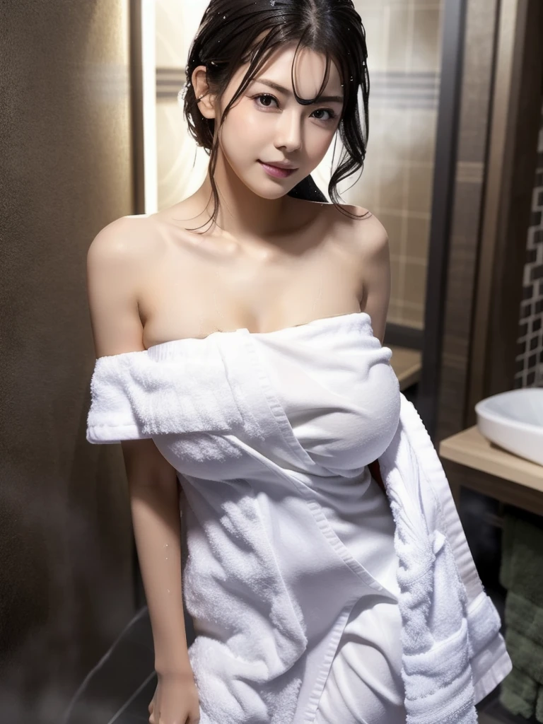 big breasts:1.4, upper body:1.9, front view, upper body, katoayako, female idol, realistic beautiful girl with black eyes, pale skin, shiny pink lips, short black hair, perfect face, perfect eyes, (((( aftershower , white bath towel, wrap a bath towel around your body)))), Big boobs:1.4, Upper body:1.9, Huge breasts:1.9, Front view, Bath, changing room, steam, wet hair, sweat, Character portrait, High detail, Full body, Digital painting, 8k, movie lighting, top quality high resolution, detailed work, post-processing, perfect result, hyper-realistic, focus on chest, looking at camera, big tits:1.9, front view, nsfw, big tits:1.9, front view, upper body,