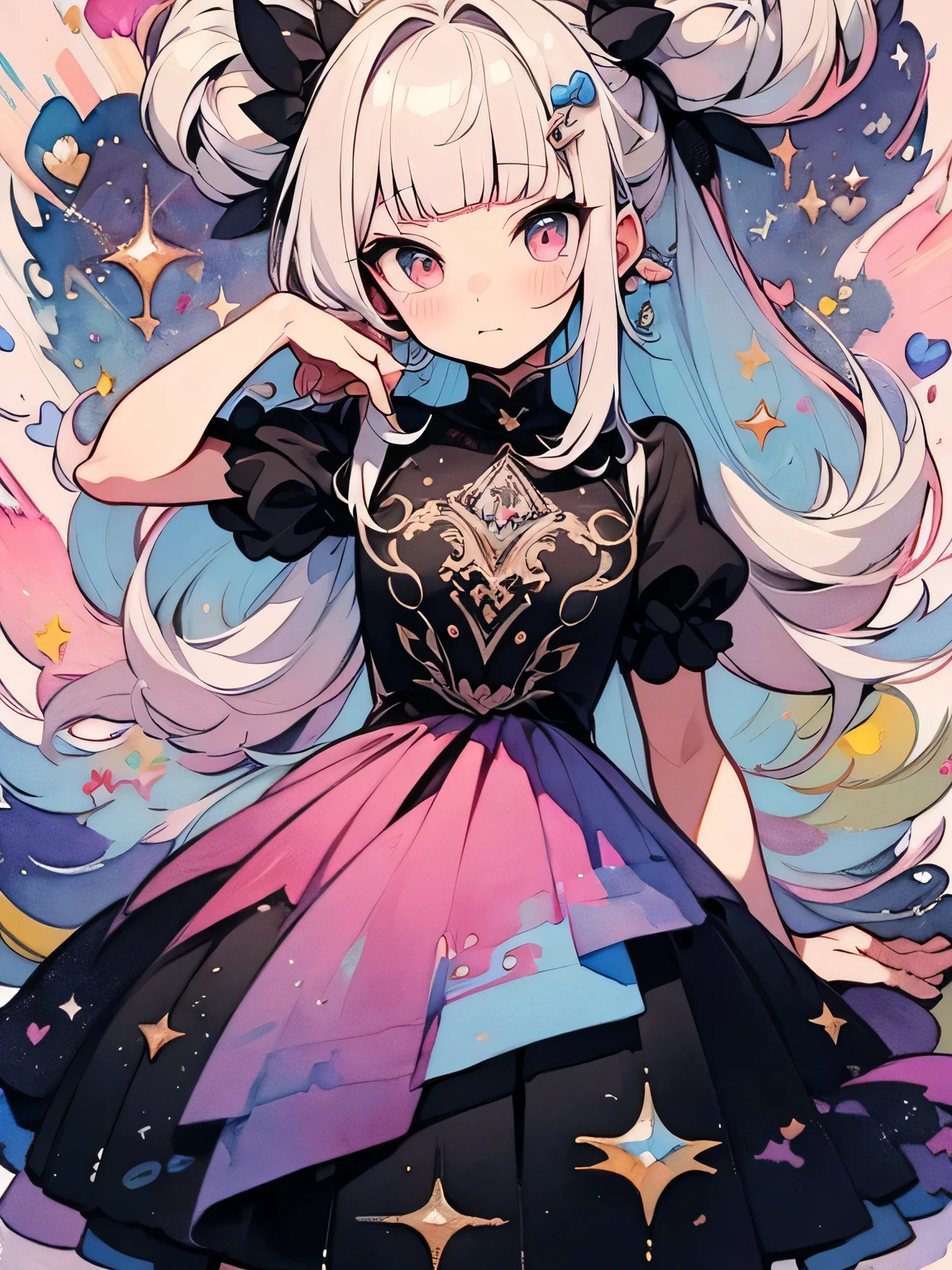 ((best quality)) , ((masterpiece)) , (detailed)，A full body illustration of an American female character in the style of Hearthstone card art, dancing on a disco dancefloor with a big glittering mirror ball overhead. She wears purple and gold  and has white hair. Her hands are up as if to talk to someone, with a happy expression. The background is colorful with vibrant colors and high contrast. It is a low angle shot with a wide lens. ，psychedelic style . vibrant colors, swirling patterns, abstract forms, surreal, trippy