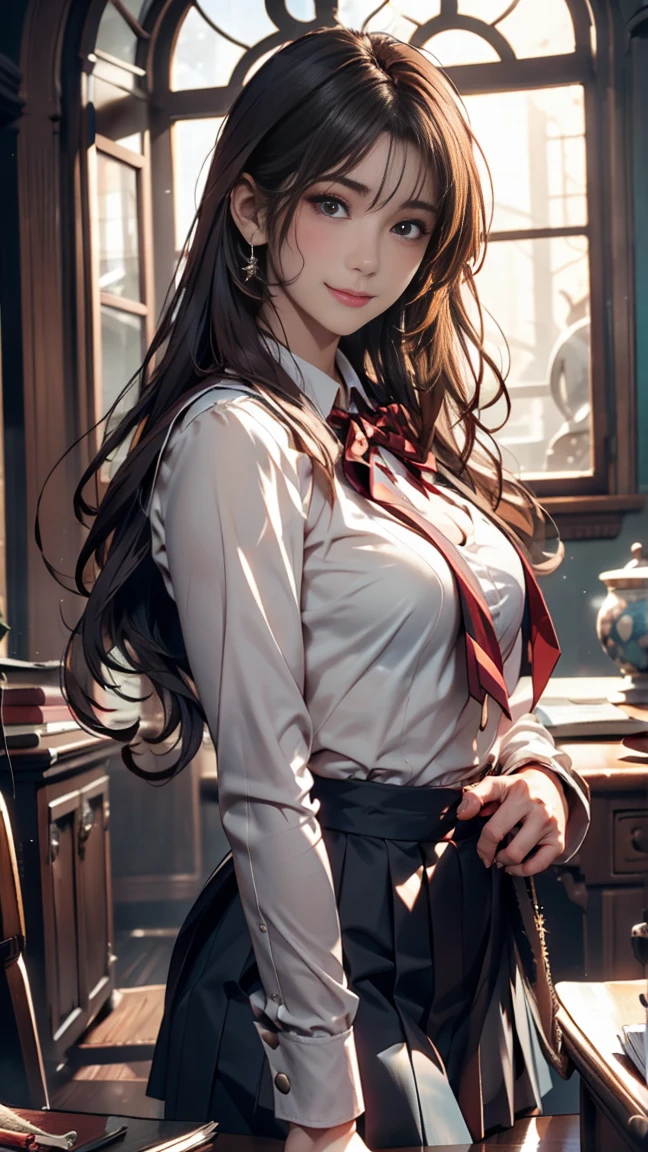 ((long hair, black hair, Curly hair inside)), beautiful, beautiful woman, perfect body, perfect breasts, (navy blue suit vest:1.8, Long-sleeved white shirt with collar and buttons, Dark blue tight skirt:1.4, black pantyhose:1.3, choker), Inside the department store:1.6, looking at the audience, slight smile, realism, masterpiece, rough skin , Super detailed, high detail, high quality, 最high quality, 1080p, 16k