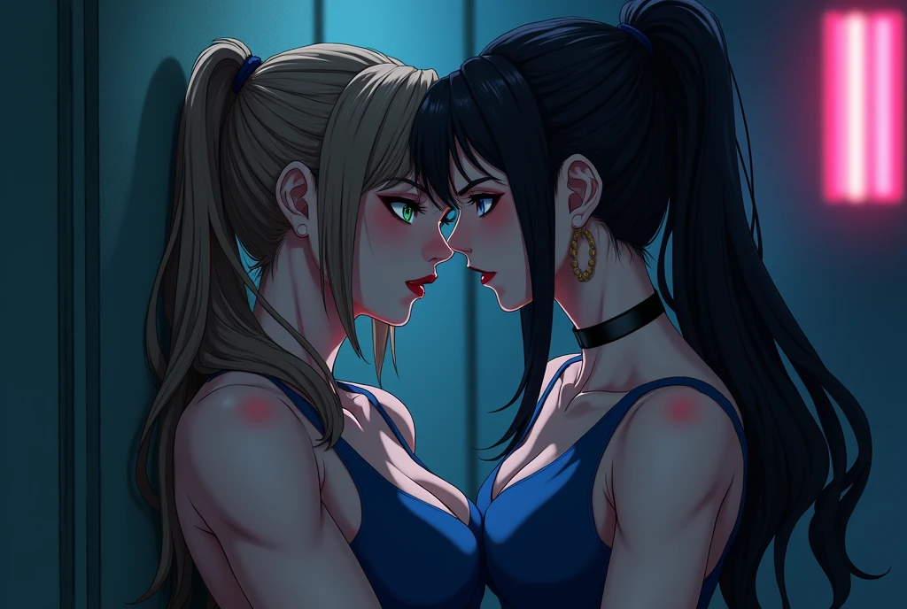  2 women hugging each other in an MMA cage, wearing Sensual MMA clothes, On a hot summer day , Sensual:1,5, yuri, lesbians, nsfw, lewd:1,5, strong:1,2, Perfect hands with 5 fingers,  perfect arms,  perfect anatomy , Struggle Gang on MMA