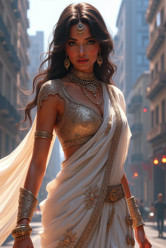 (masterpiece digital painting) of a (solo:1.3) ravishing sensuous curvy warrior woman Aishwarya Prachi Desai, walking in a rainy indian street, wearing fractal engraved armour, intricat robes, battle ready, navel, cleavage, (flowing wavy backlit hair), cinematic dramatic scene, lustful glance, (captivating kohl lined eyes:1.3), (passionate expression:1.3) apocalyptic atmosphere, dramatic lighting, depth of field, backlit, light rays, highly detailed, trending on artstation, paint splashes, rich colour, enchanting portrait, by Ron hicks & Atey Ghailan