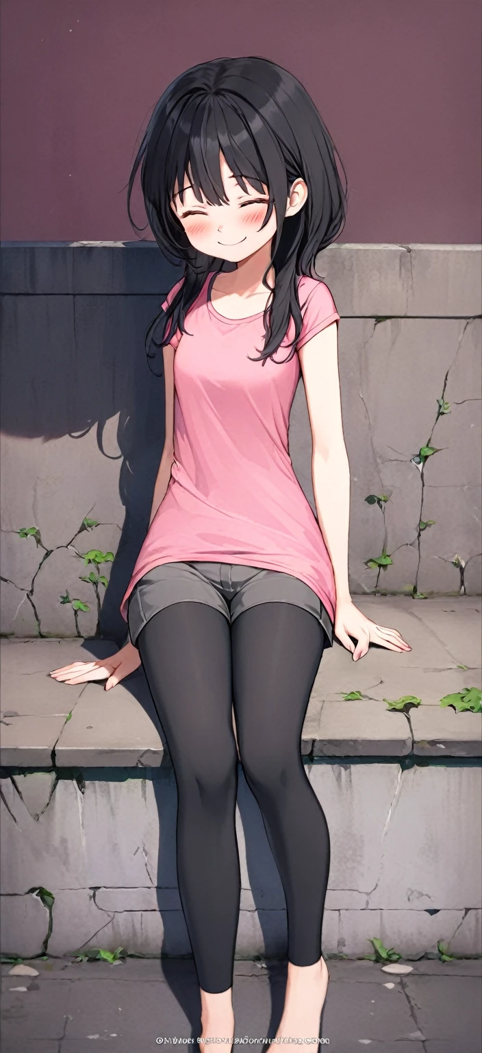  one woman, cute woman sitting, pink shirt with knee ,Grey shorts,Hair is black,blush,smile, have their eyes closed, standing, I'm not looking here