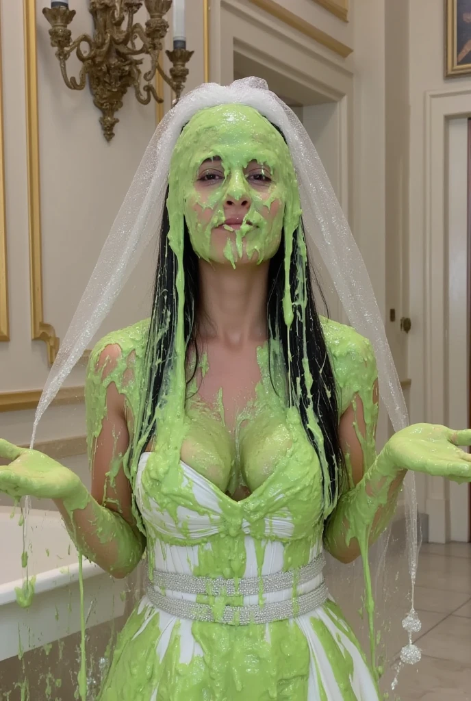 8k, hd, masterpiece, hyper realistic, super detailed, extreme realism, photo realistic, (Asian woman moaning in pain: 1.9), Asian woman, wedding dress, white lace dress, (inside church: 1.9), crowded wedding church, walking down aisle, cleavage, beautiful face, delicate eyes, detailed faces, (wet slime dripping down head: 1.5) wet slime dripping down body