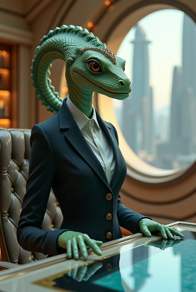 anthro dragon, solo, female, adult, tailor suit, (realistic scales, detailed scales texture:1.2), detailed background, street background, photorealistic, hyperrealistic, ultradetailed,