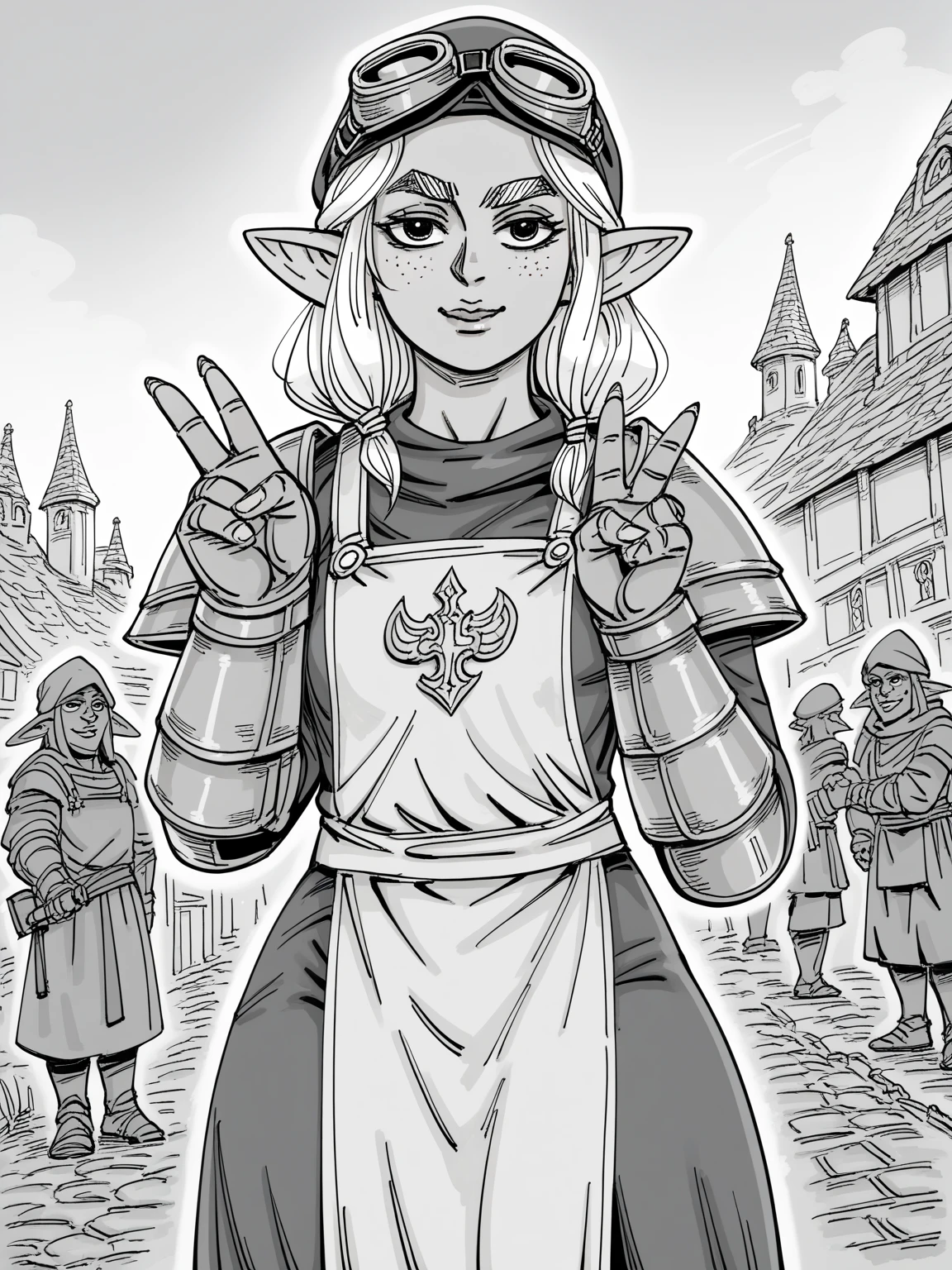 {{upper body, dutch angle}} {{Artist: bb_baalbuddy}} 1girl, young female, female goblin, shortstack, goggles on headwear, tunic, freckles, outdoors, standing, peace sign, pov, medieval fantasy, white apron, armor, thick eyebrows, thick thighs, monochrome