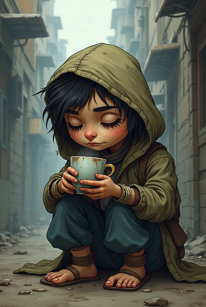 A young girl who drinks poverty in very tattered clothes, sells matches on a cold night, well, pitiful eyes, on the street, tattered shoes, dirty, a lot of dust,