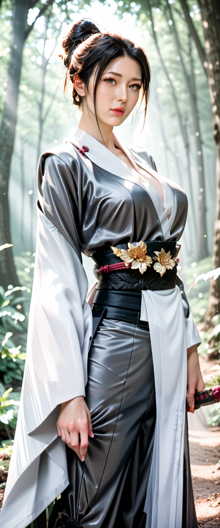 a beautiful detailed young woman in a sari, detailed eyes, detailed face, beautiful detailed lips, long eyelashes, elegant pose, ninja suit, samurai sword, forest background, moonlight, warm lighting, cinematic shot, highly detailed, 8k, photorealistic
