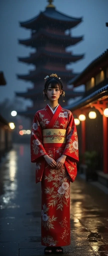  pee stain spread on the kimono ,  proper placement , Golden Ratio,  Japanese woman standing in the background of the dark tower :1.331, Japanese five-story pagoda in the dark ,  Japanese five-storied pagoda with a high complex structure behind it, Viewers look up in perspective :1.8, ( top quality:1.4),  32k high resolution UHD , masterpiece:1.2, Highly detailed live action,  realistic , 超 realistic :1.4, Beautiful Japanese woman,  beautiful Japanese idol with beautiful name , Rainy Night , There are no lights , Dark World , Accurate human body proportions :1.331,  have small heads :1.331,  slender body:1.331,  thin waist:1.331, Thin limbs:1.331,   flat chested:1.331,  hide your breasts with your hands :1.21,  Japanese Kimono:1.21, Japanese flashy design kimono:1.21, Brown Hair,  bob cut hair  :1.21,  symmetrical eyes,  Very Beautiful Clear Eyes ,  Beautiful hair fluttering in the wind  , 