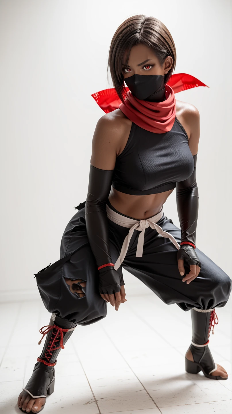 1girl, DOALisa, short hair, brown hair, dark-skinned female, ninja clothes, mouth mask, ninja mask, red scarf, black crop top, halterneck, bare shoulders, navel, elbow gloves, fingerless gloves, red harem pants, torn gray skirt, ninja boots, standing on the floor, kuji-in stance, look at the viewer