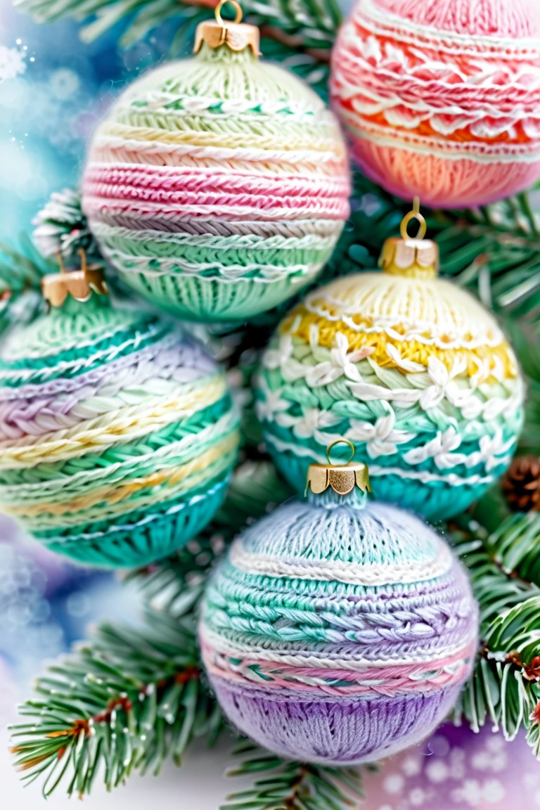 pastel colors, atmospheric
fine drawing
Christmas balls knitted on a spruce background

English watercolor
double exposure