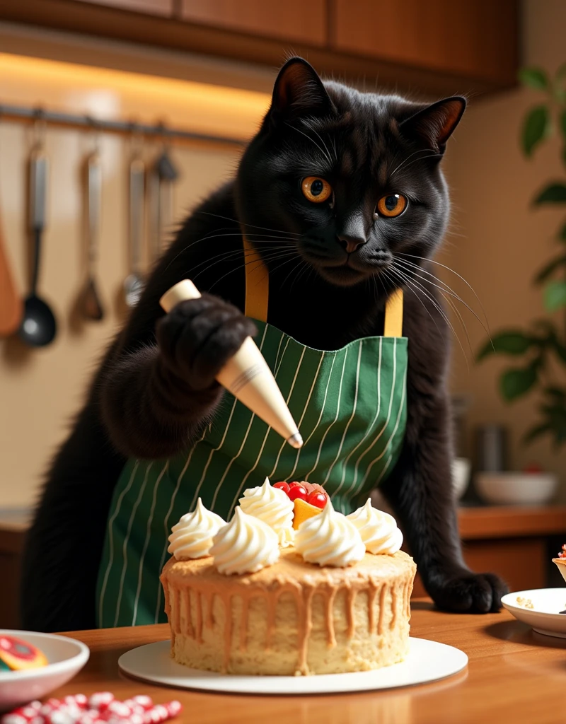 ultra-realistic, photorealistic, dramatic scene, shadow, global-illumination, (the human-like very large black chubby cat with vertical striped green apron is making a gorgeously decorated Christmas cake and decorating a cake with whipped cream using a whipped cream piping bag at the home kitchen in the stylish Japanese apartment room), The large black cat is holding a squeezer with both hands and squeezes out the cream on the cake, (A beautiful with cute Japanese 20 years old girl is looking at the cake), (20 years old girl with shoulder-length brown ponytail hair is showing big smile), they look so happy, a many kind of cooking tools are in the kitchen, gorgeously decorated with Christmas decorations in the room