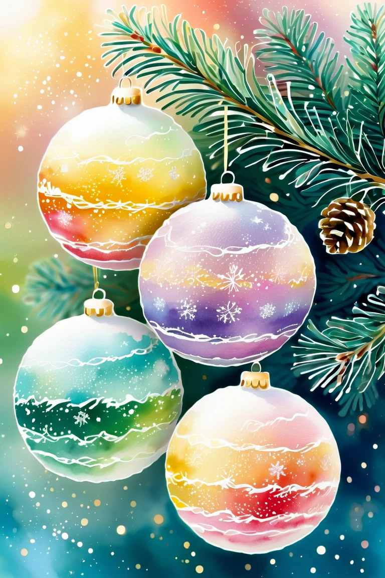 pastel colors, atmospheric
fine drawing
Christmas balls knitted on a spruce background

English watercolor
double exposure